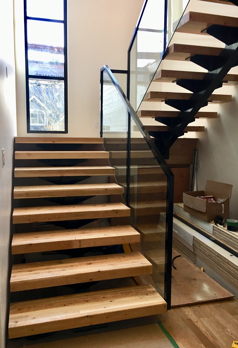 modern interior stair railings, glass, topless, flat black, vancouver