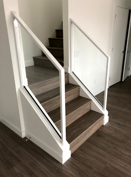 modern interior glass railing, white, vancouver