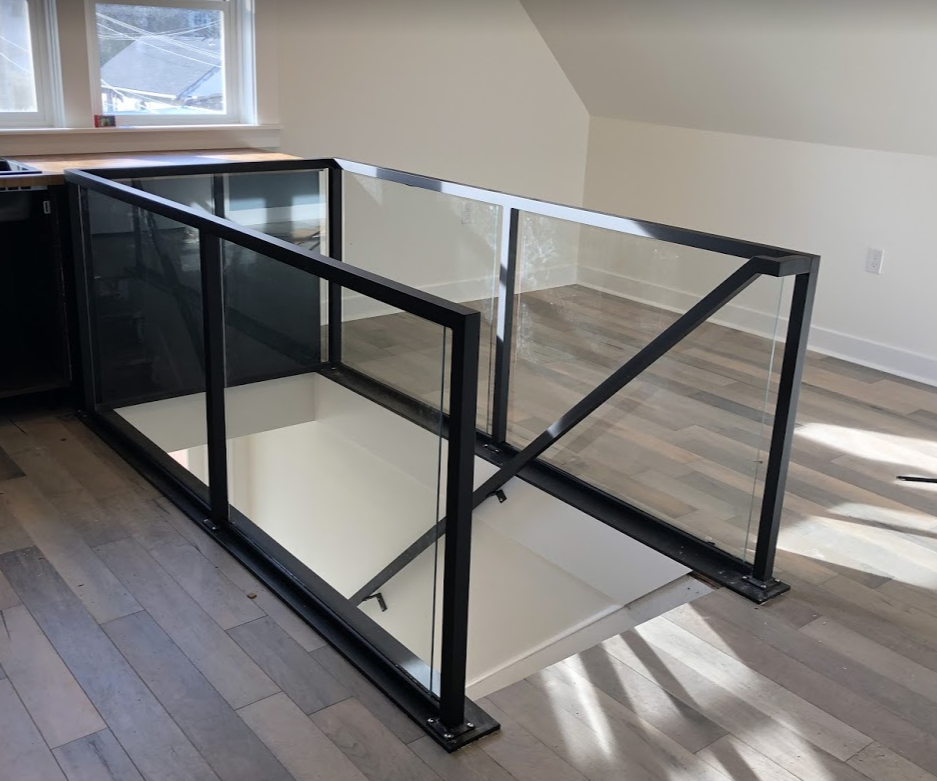 contemporary interior glass railing, silver, vancouver
